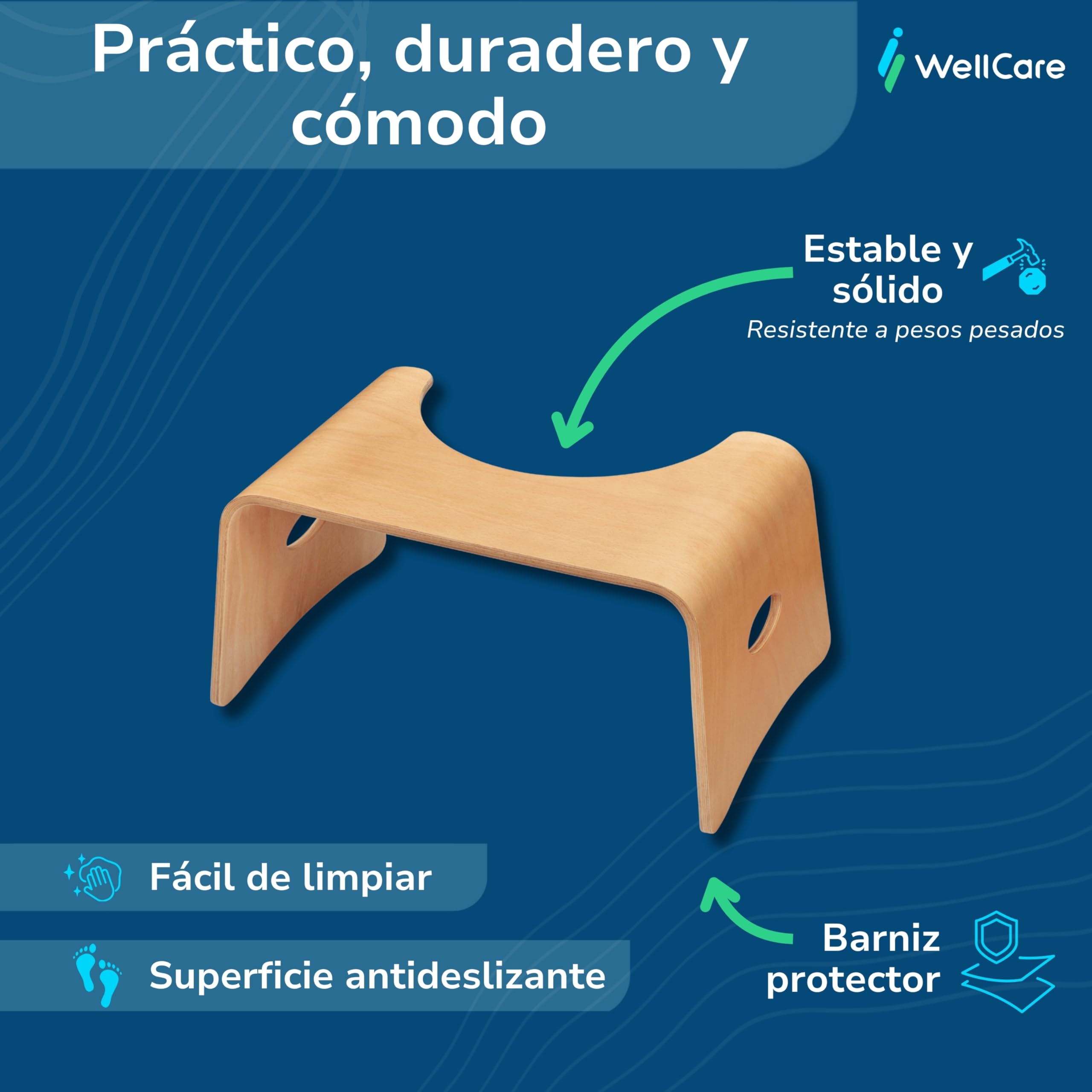 Well Care Taburete de Baño de Madera barnizada - Reposapiés fisiológico de Inodoro para Adulto - Favorece la posición Squatty contra el estreñimiento en el WC