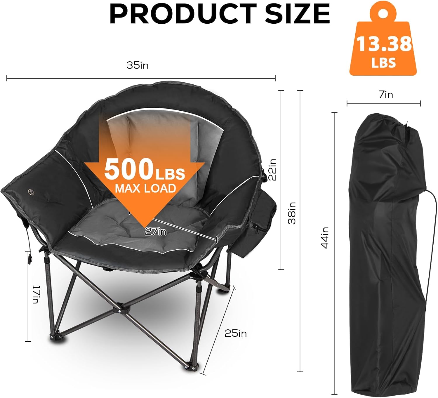 Romswi 2-Pack Heated Oversized Camping Chairs for Adults, Heavy Duty 500lbs Folding Chair with 3-Level Heating (Power Bank Not Included), Portable Padded Lawn Chairs with Cup Holder, Black&Gray - Image 2