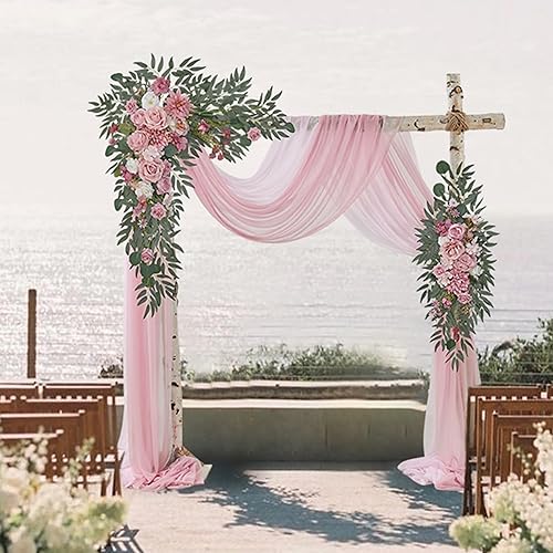 Miniatura 2 de Juego de flores de arco de boda con cortina (paquete de 4)  2 guirnaldas de flores artificiales con 2 telas drapeadas para decoración de cenadores