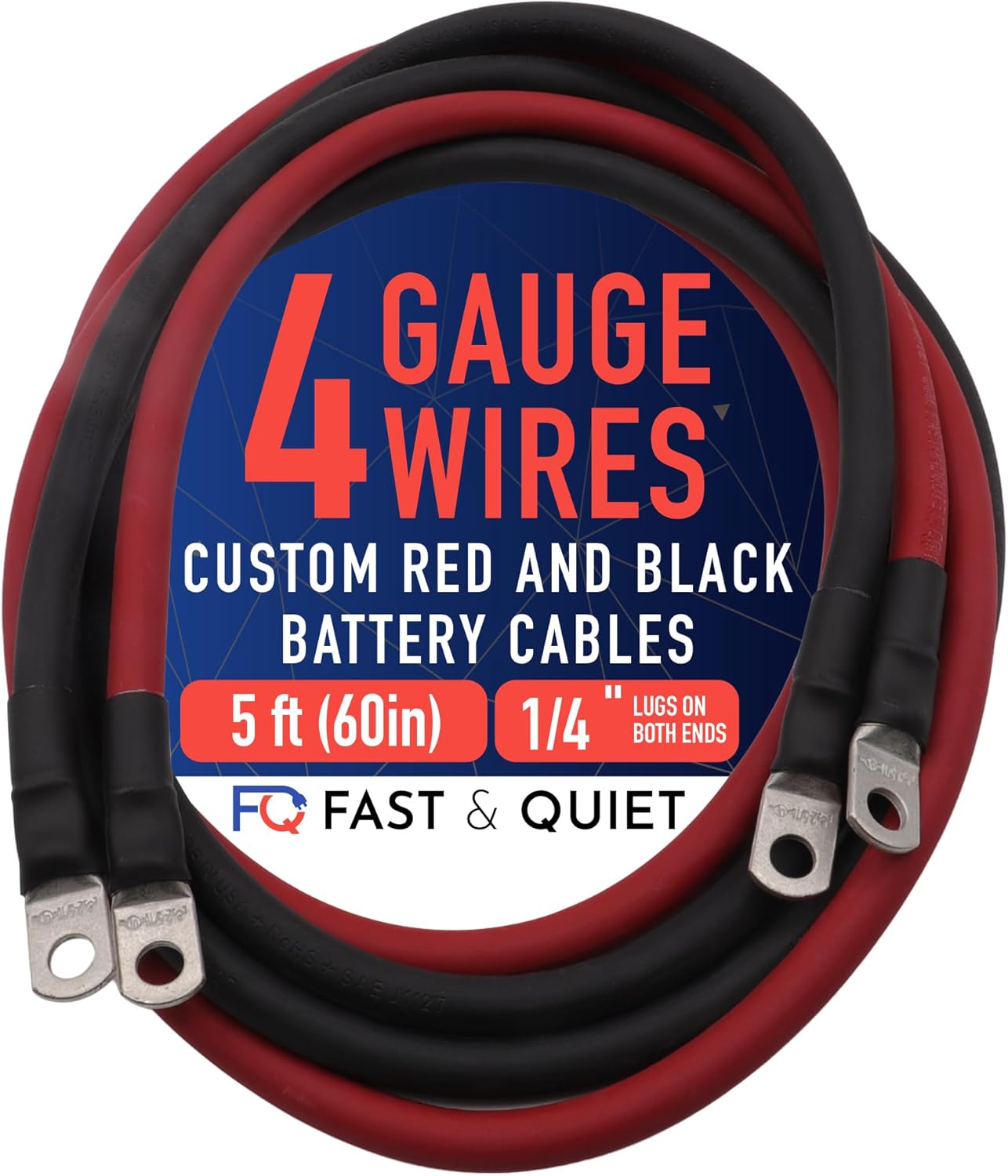 4 AWG Battery Cables with Terminals, Positive and Negative Wires Pure Copper, Auto, Solar Power Inverter, Welding, Golf Cart, Motorcycle (Red and Black, 5 FT (60 in), 1/4" Lugs on Both Ends, 2pcs)