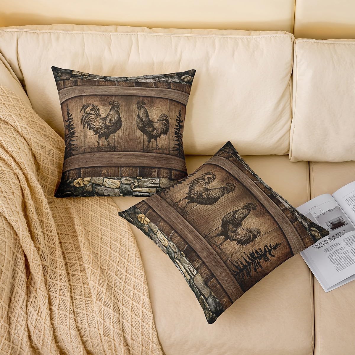 Erosebridal 3D Chicken Set of 2 Cushion Covers 22x22 Inch,Black Rooster Pillow Covers,Poultry Animal Throw Pillow Covers,Brown Retro Wooden Decorative Accent Pillow Cases Reversible,Bedroom Decor