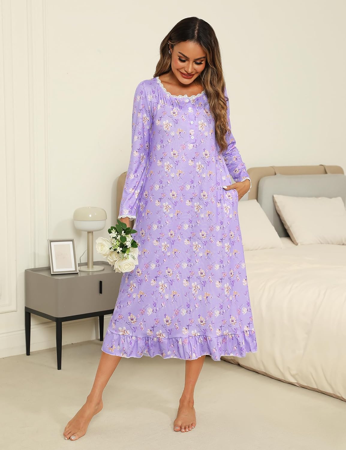 Marvmys Womens Cotton Long Sleeve Nightgown Long Sleepshirts Lace Trim Victorian Sleepwear with Pockets - Image 2