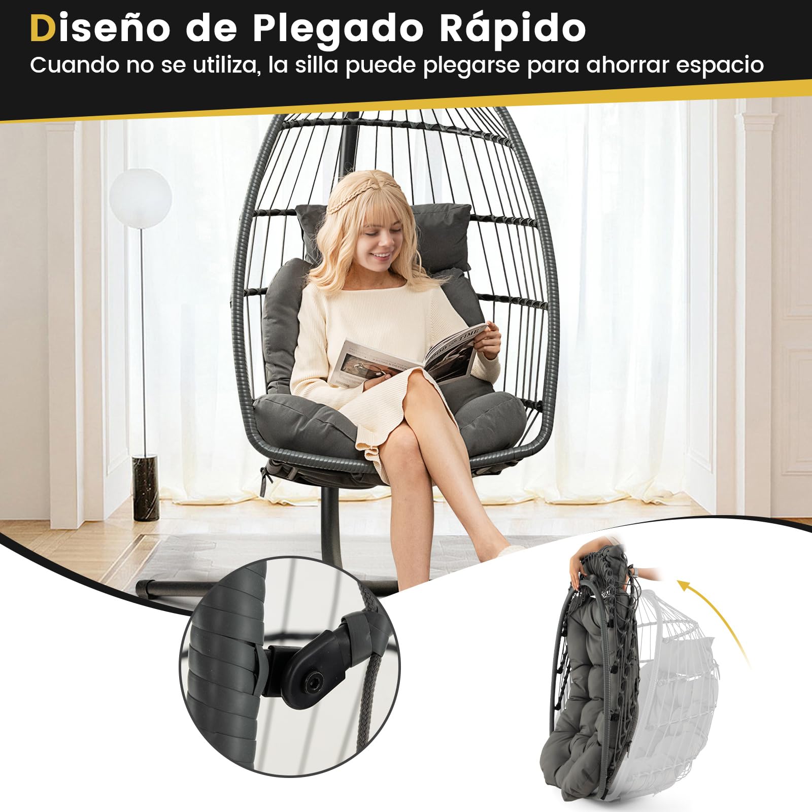 COSTWAY Silla Colgante Tipo Huevo, Cojín y Almohadilla, Columpio Colgante para Interior y Exterior, Sillon Colgante de Diseño Plegable, Carga 150kg