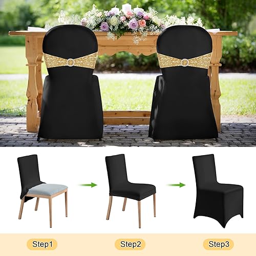 Miniatura 6 de Chumia Juego de 20 fundas para sillas y bandas para silla, fundas elásticas de elastano con lazos brillantes para sillas para bodas, fiestas,