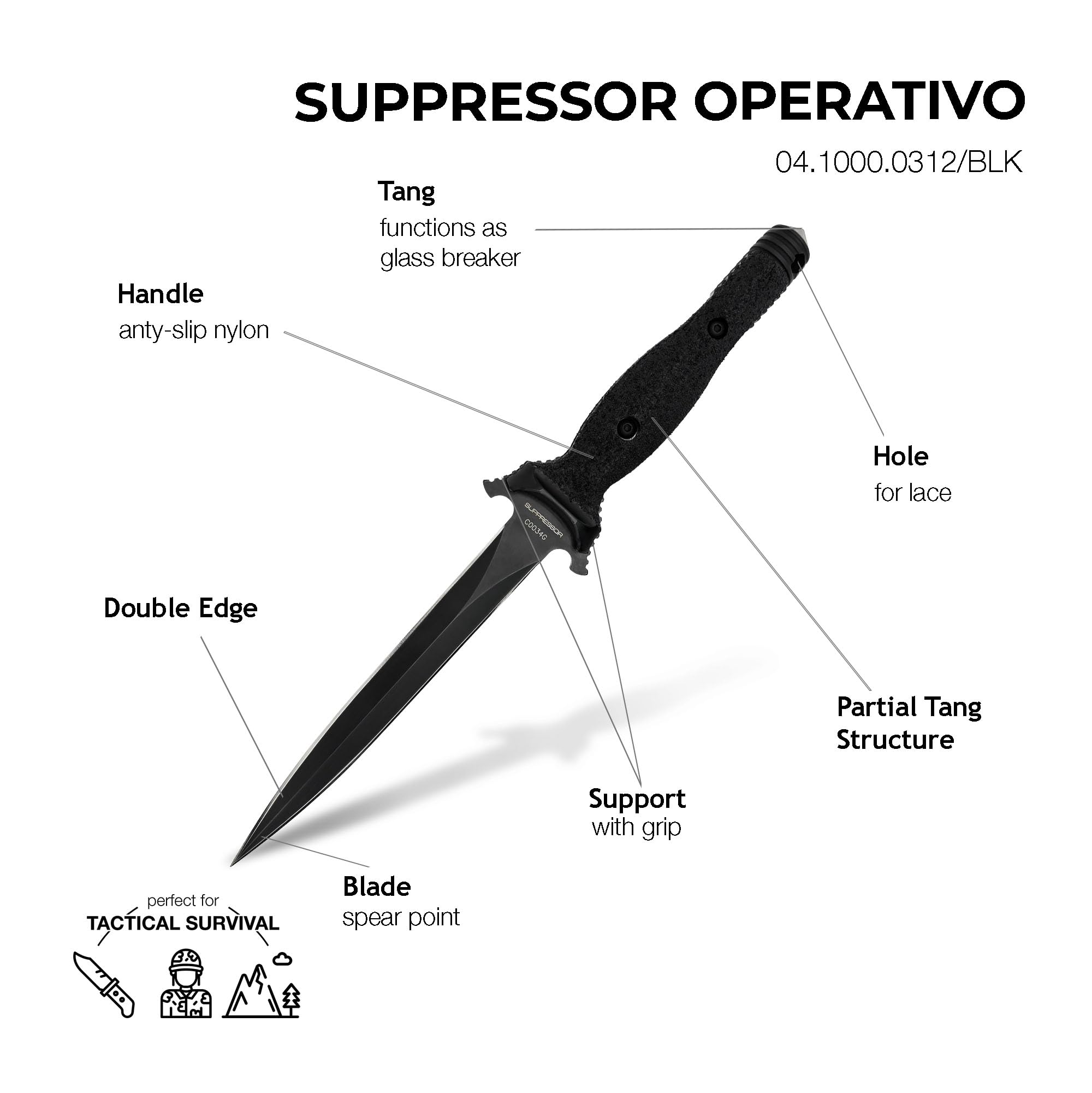 Extrema Ratio - Suppressor Operativo (Black) Fixed Blade Knife, Böhler N690 Steel Blade Hardened to 58 HRC, Burnished Finish, Full-Tang Design, Ergonomic Nylon Handle, Precision Handcrafted in Italy, Durable and Reliable