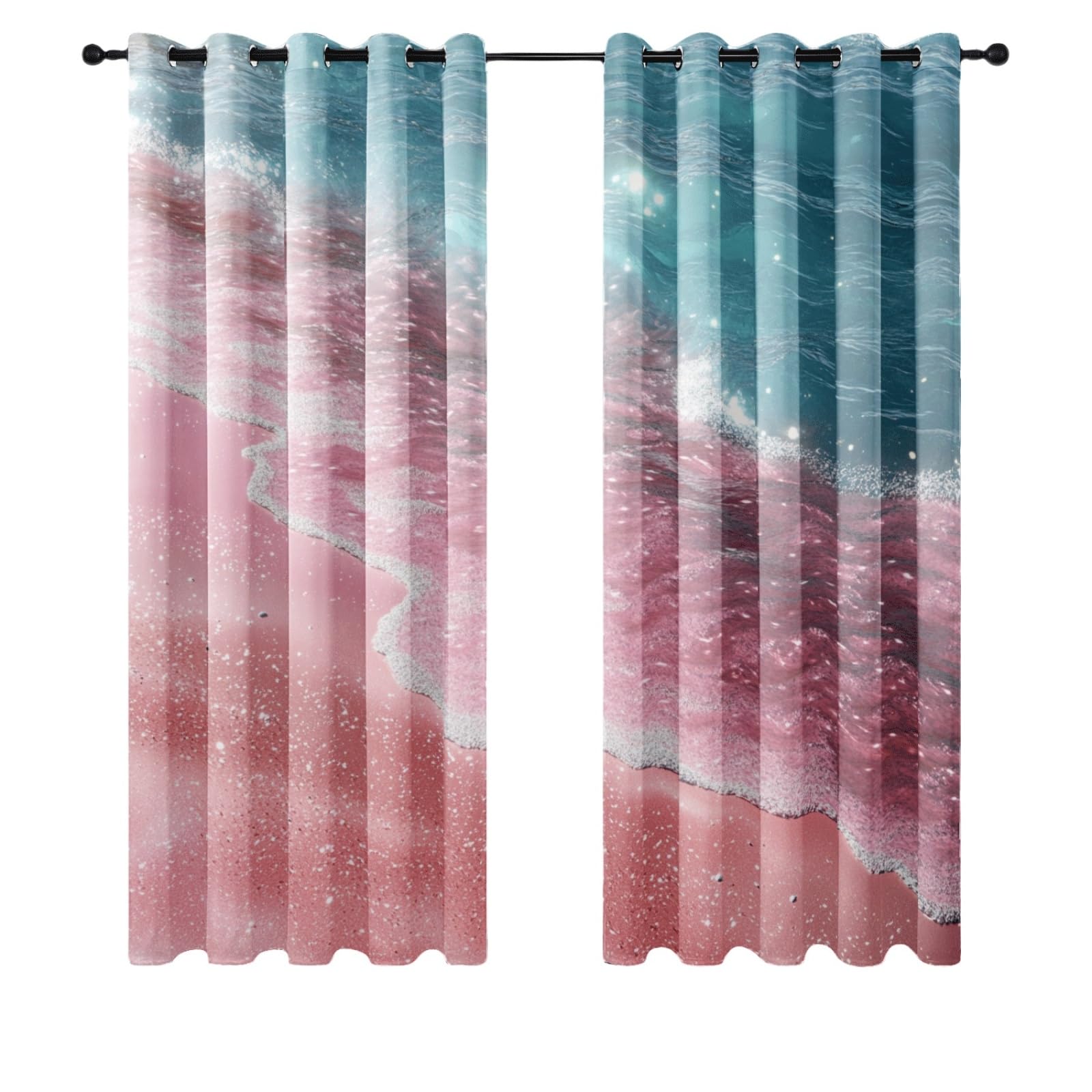 Curtain Rosa Blauer Strand Gardinen Polyester Vorhang mit Ösen Blackout Curtain Waschbar Vorhänge mit Ösen Living Room Thermovorhang Schlafzimmer Verdunklungsvorhänge Blickdicht 2x140x160cm