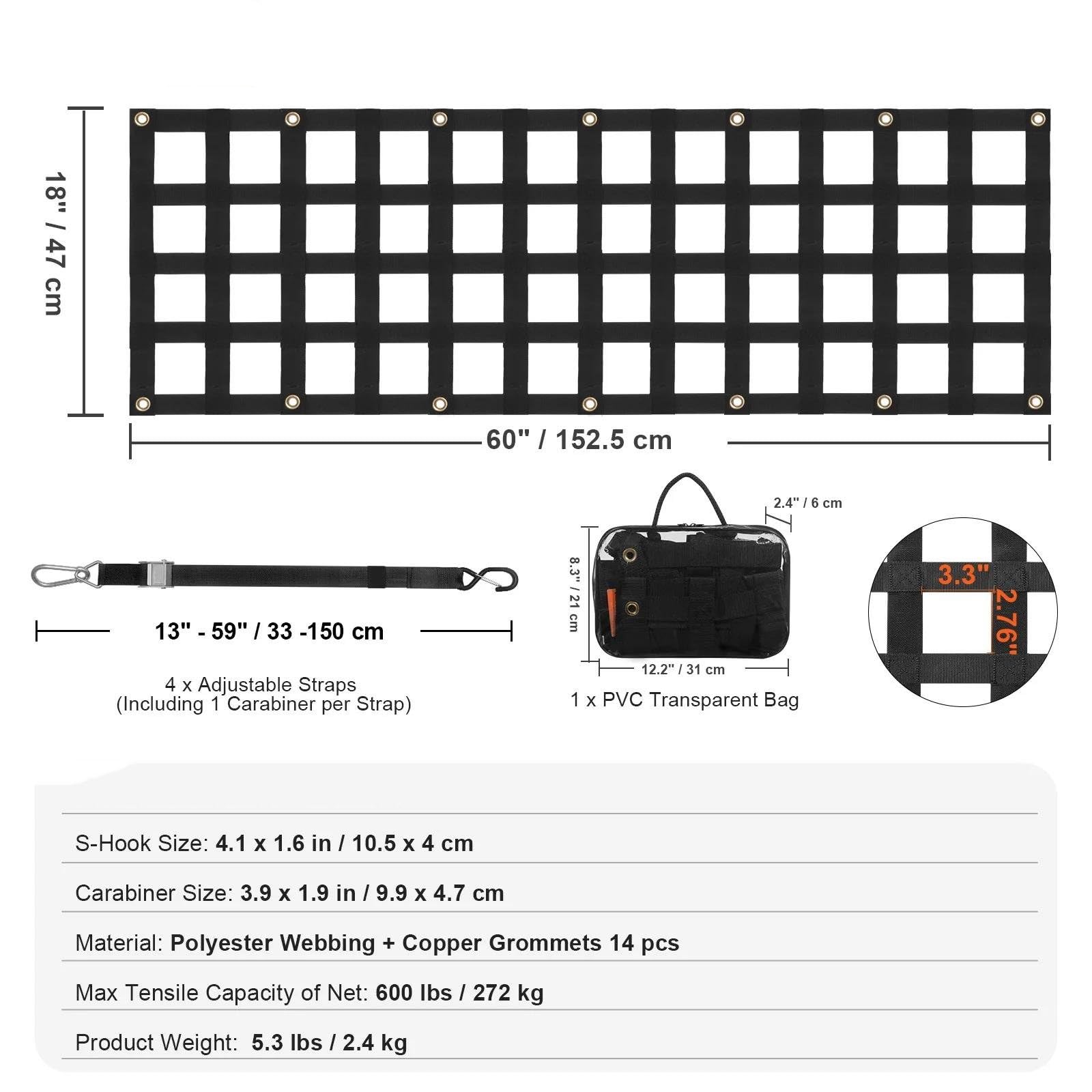Redes de almacenaje para coche Red Elástica Portón Trasero Coche Organizador Almacenamiento Maletero Con 4 Correas Telescópicas Red Para Equipaje Remolque Para Jeep SUV Red Maletero De Coche(60 x 18in