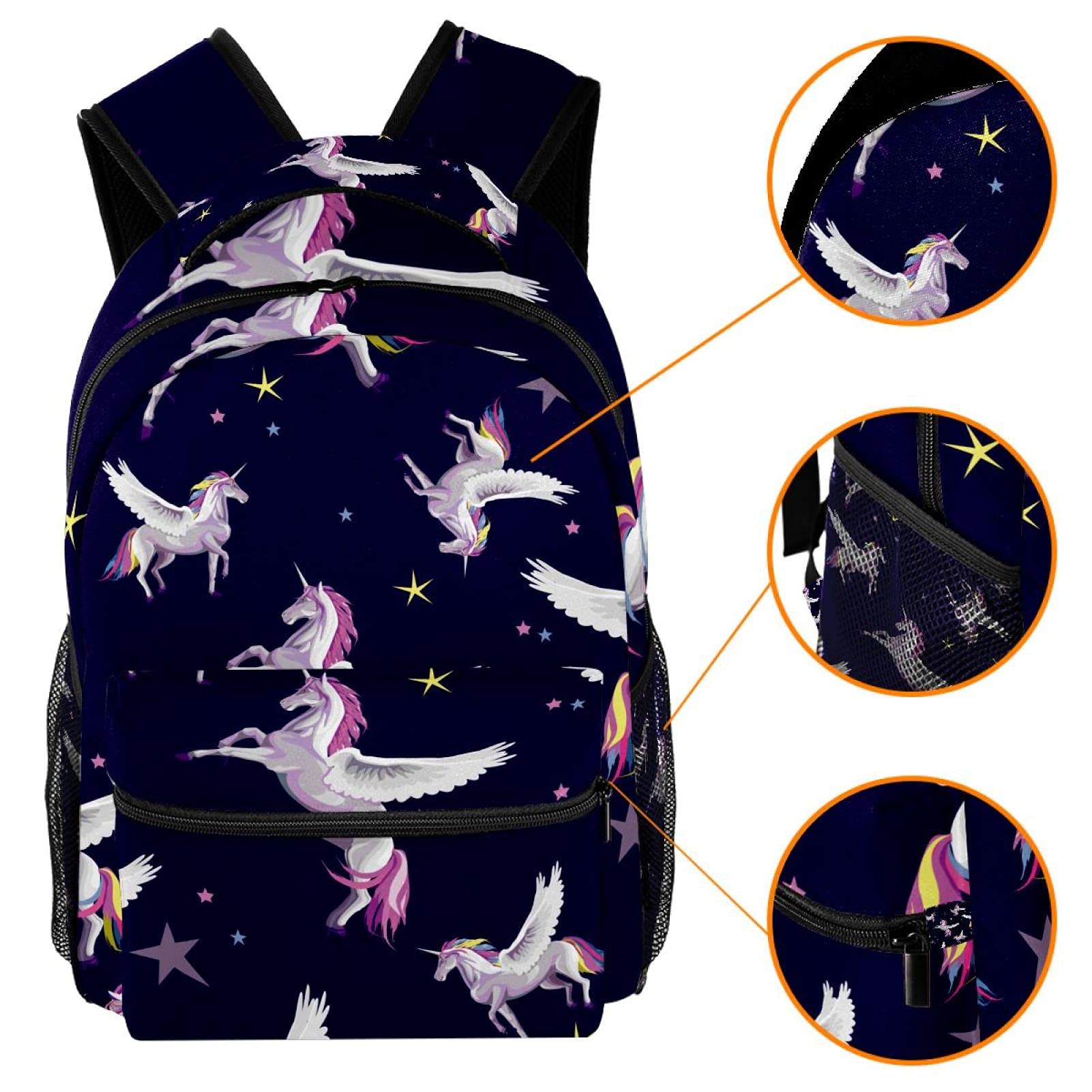Wasserfarben Weltraum Einhorn Planet Stars Rucksack/Studentenrucksack/Schultasche/entzückende Büchertasche mit Seitentaschen für Jungen, Mädchen, Teenager, Angel Unicorn Star Night Navy Hintergrund