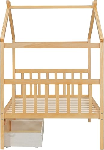 Miniatura 8 de Cama de plataforma de madera con dos cajones, cama de casa tamaño individual con diseño de techo, patas de pino macizo, cabecera y estribo, cama