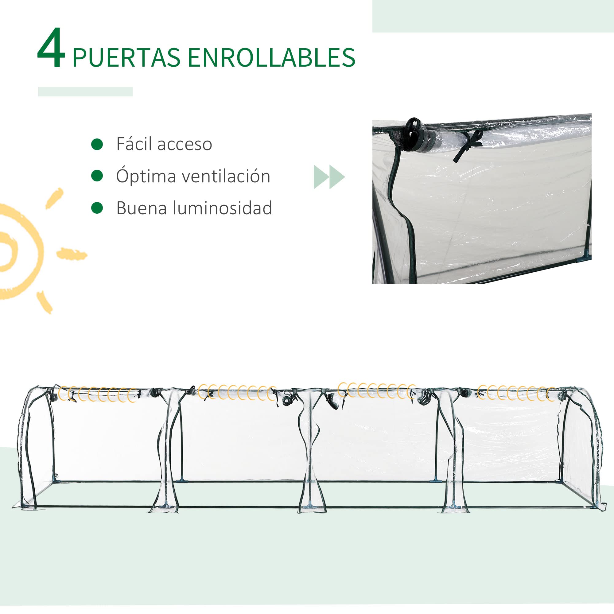 Outsunny Invernadero de Exterior 395x100x80 cm Invernadero de Jardín con 4 Puertas Enrollables Marco de Acero para Cultivos Plantas Flores Transparente