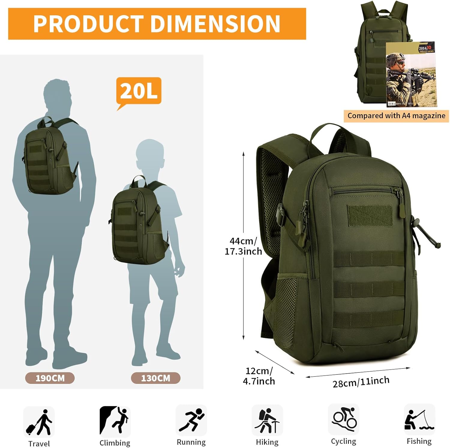 HUNTVP 10L/20L/30L Tactical Backpack Military MOLLE Backpack Rucksack Gear Tactical Assault Pack for Hunting Camping Trekking (20L-Army Green)