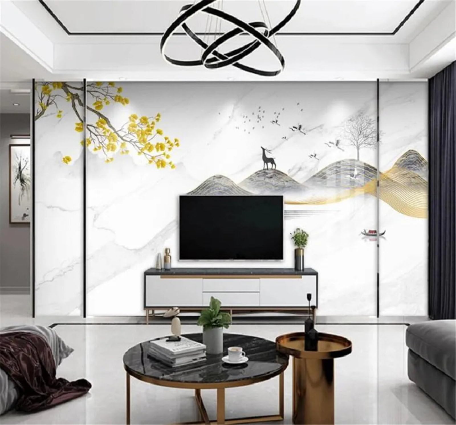 Tzxztt Marble Effect Landscapes Scenery Reindeer Ginkgo Leaves Modern 3D Wallpaper Premium Textured Silk Neutral Tones Material Ideal for Living Room Bedroom-400cm×280cm