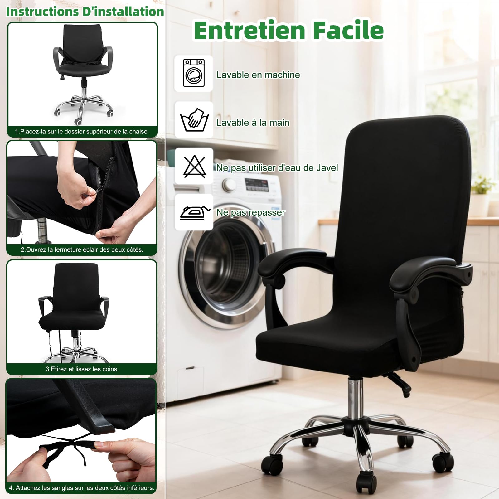 Housse de Chaise de Bureau Dioxide, Fauteuil Bureau à Fermeture Éclair Lavable Universelle Noir M