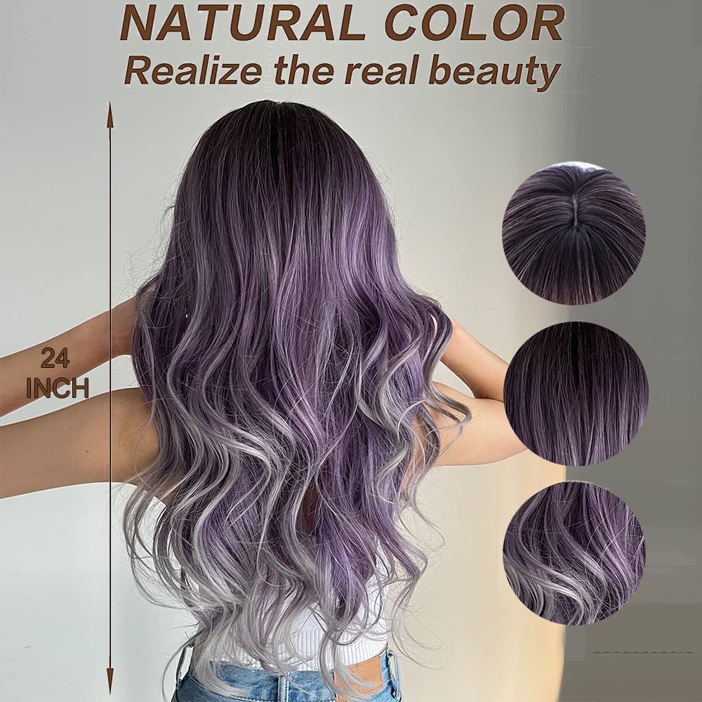 Esmee 24 Inches Long Wavy Ombre Purple to Grey Wigs for Women Natural Synthetic Hair Heat Resistant Ombre Wigs with Bangs for Daily Party Cosplay Use - Image 4