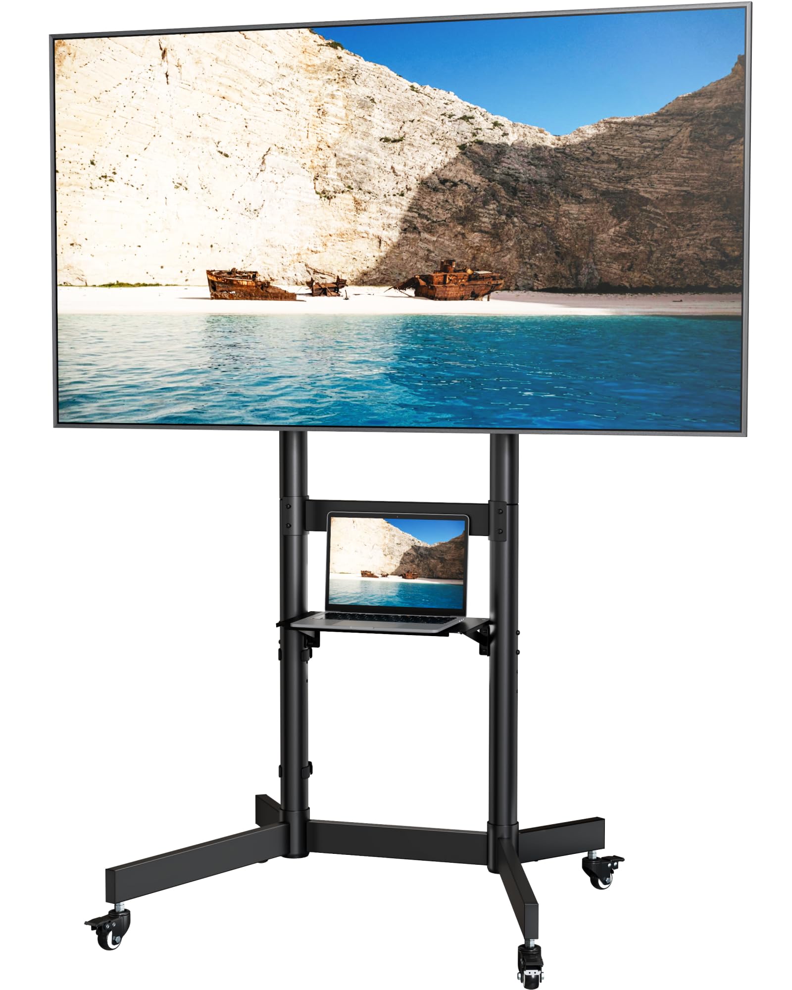 Robusto supporto portatile per TV da 55 a 100 pollici, portata fino a 75 kg, con vano portaoggetti e ruote bloccabili, montaggio a pavimento, VESA max. 800 x 600 mm, nero