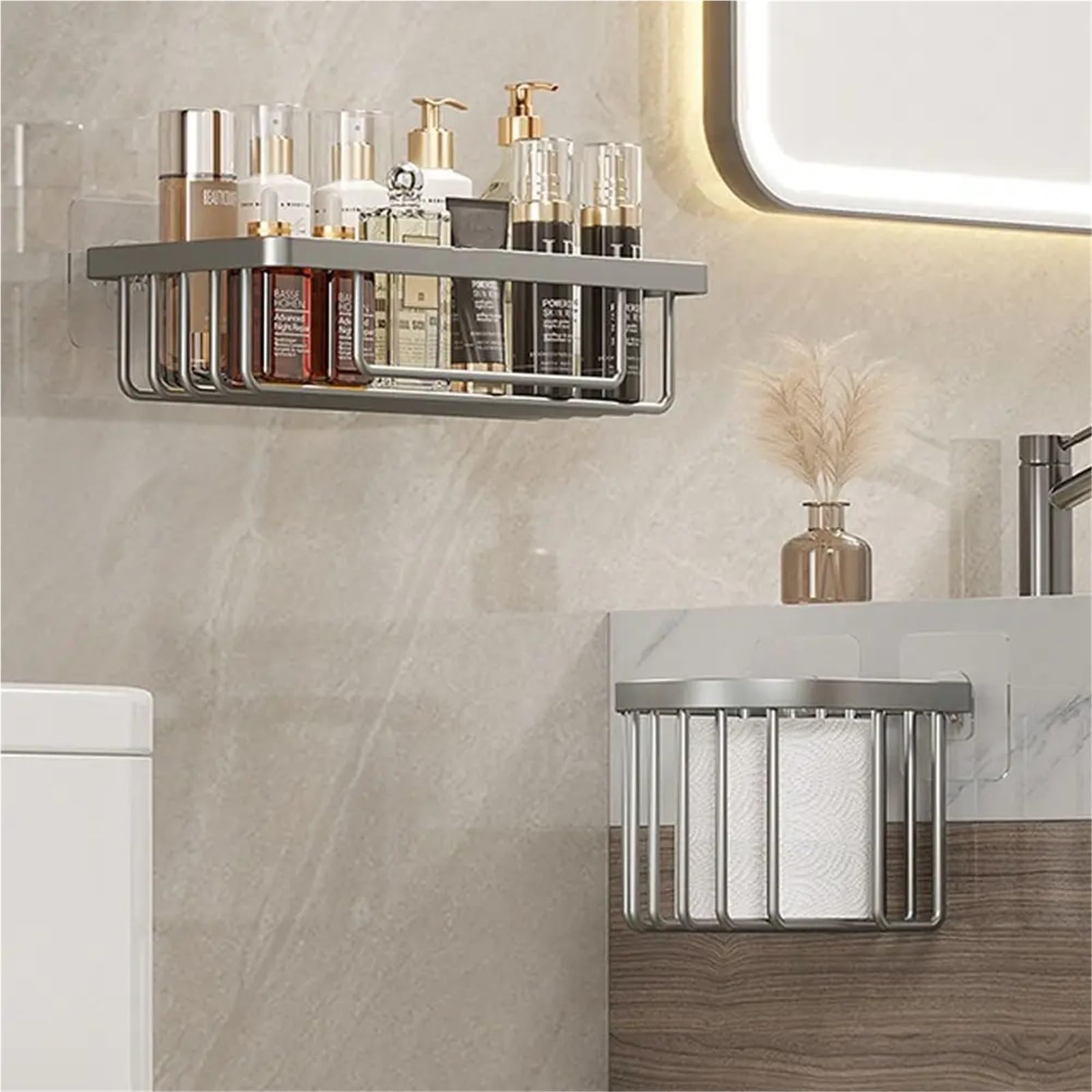 Portarotolo WC adesivo con mensola Porta WC senza punzonatura | Scatola for carta igienica Mensola for bagno Porta shampoo in lega di alluminio Doccia(White)