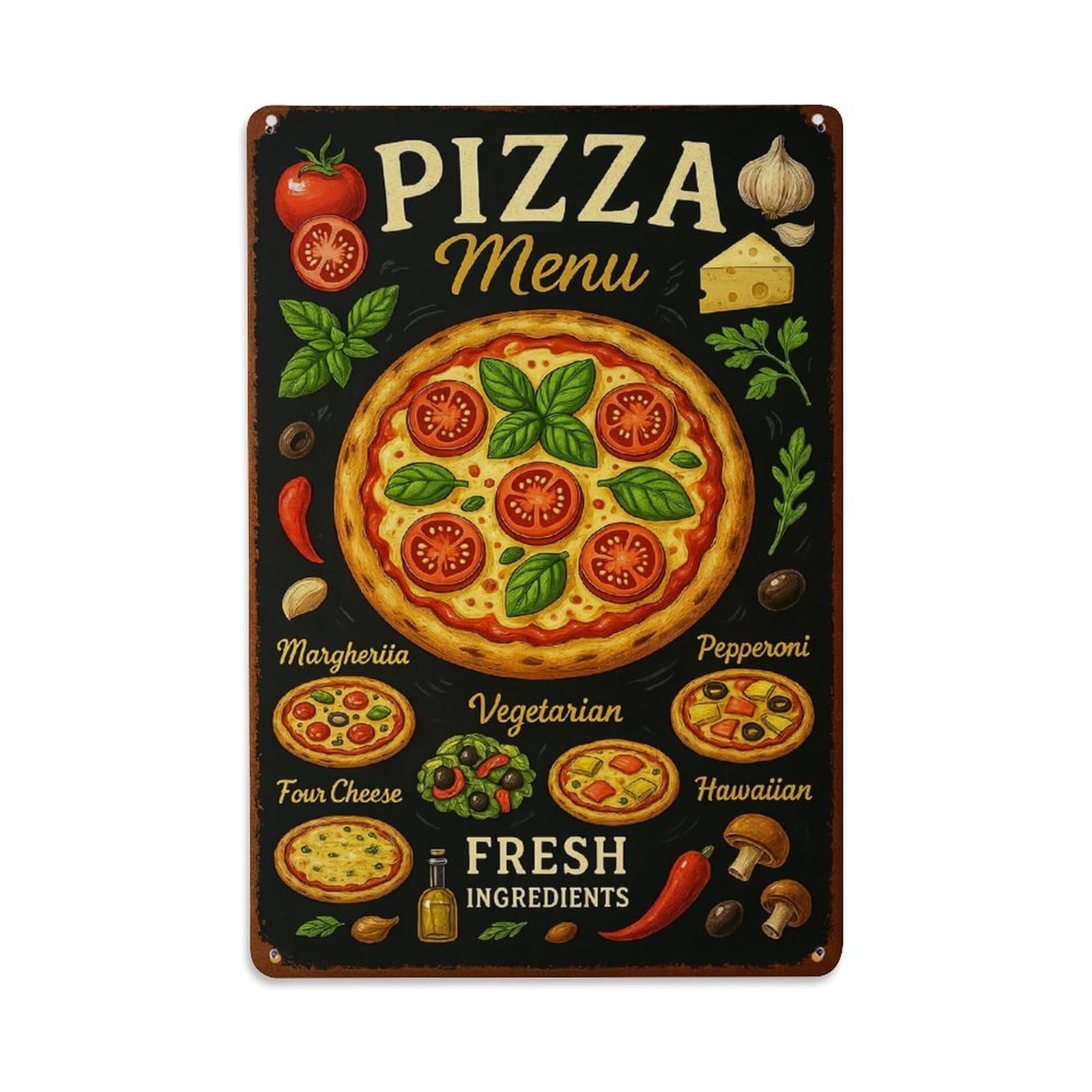 Jdfenggu Vintage Pizza Menu Fresh Ingredients Retro Metal Tin Sign, Decor Art Poster For Bar, Home, Man Cave, Kitchen, Laundry Room Gift 8X12inch