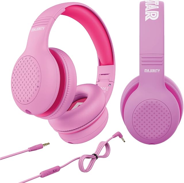 MAJORITY Kids Headphones Over Ear | Comfort Soft Cushion Earpads | Lightweight & Fully Foldable Childrens Headphones Superstar Headphones | 85-94db Volume Limiter for School, Travel & Home | Pink
