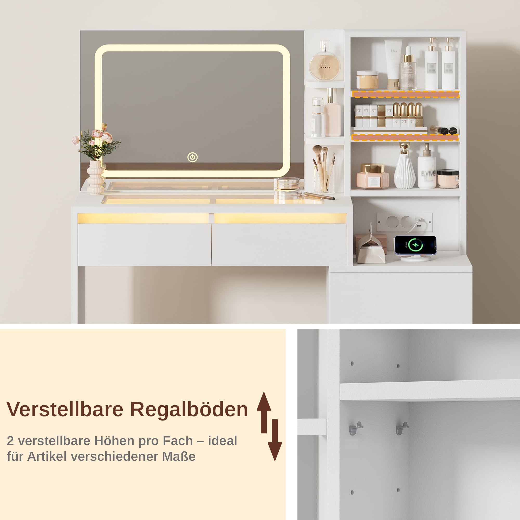 IRONCK Schminktisch mit LED-Beleuchtung, Glasplatte, Hocker & Steckdose | Schminktisch mit Spiegel, 5 Schubladen, offene Fächer, verstellbare Ablagen, 2 AC, USB-A & USB-C Anschluss, Weiß