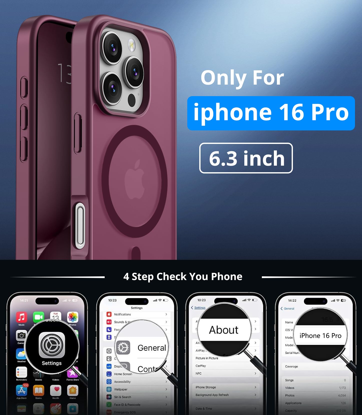 Vansdon Cover Magnetica per iPhone 16 Pro con 1 Pezzi Vetro Temperato, Compatibile con Magsafe, Protezione anticaduta di livello militare, Custodia Traslucida Opaca Sottile Antiurto-Bordeaux