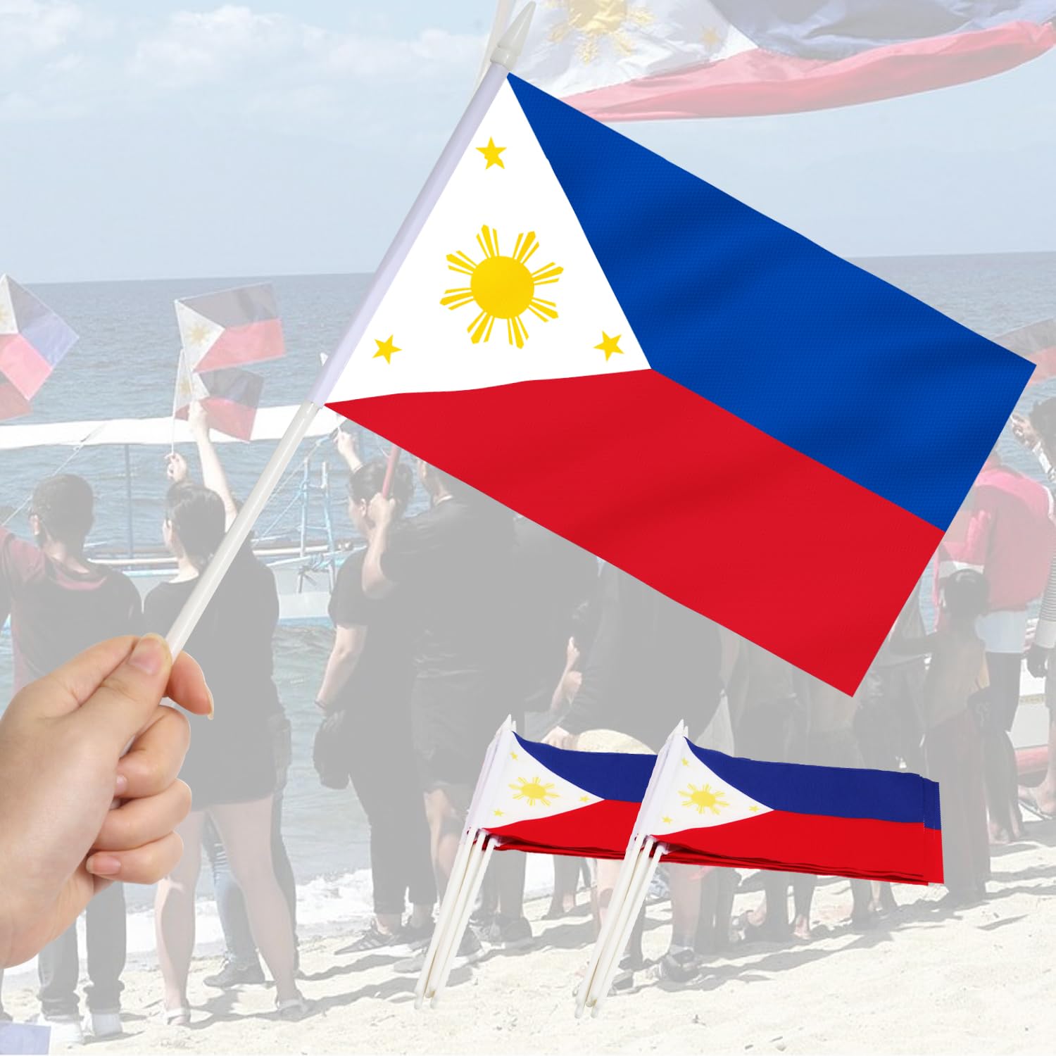 Philippines Mini Flag 12 Pack - Hand Held Small Miniature Philippine Flags on Stick - Fade Resistant & Vivid Colors - 5x8 Inch with Solid Pole & Spear Top