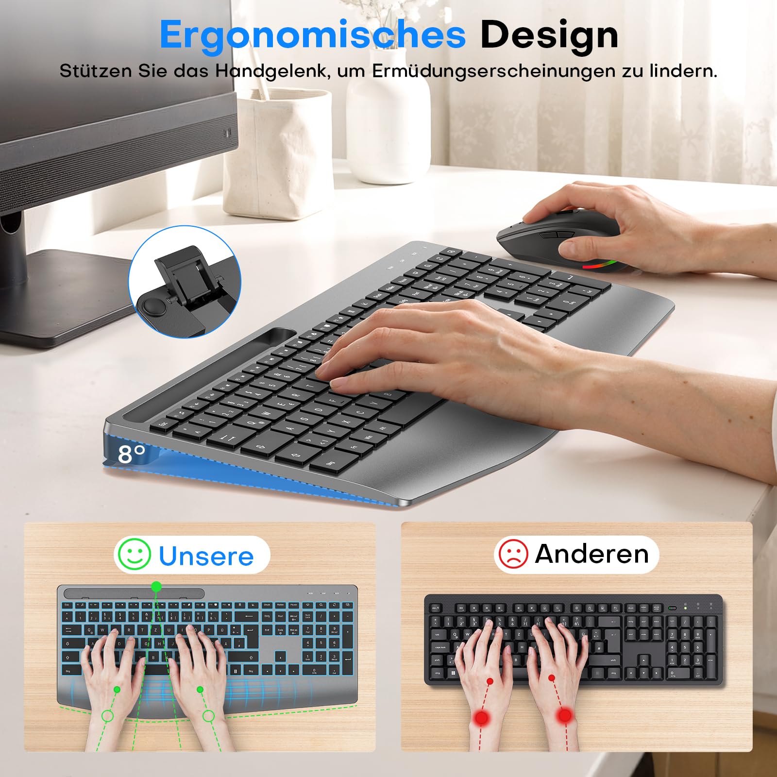 Tastatur Maus Set Kabellos 2,4GHz QWERTZ, OMOTON Beleuchtete Tastatur Leise | Handballenauflage, Ein USB Empfänger für beide Geräte, 4 DPI Maus, Wiederaufladbar, Ergonomische, Windows Linux, Home Office