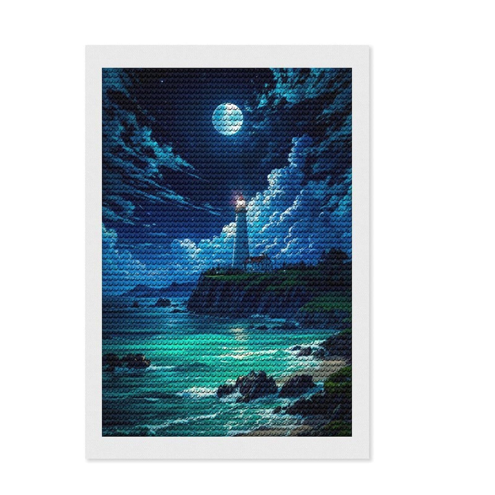 Junmoney Lighthouse Fantasy Beach Diamond Style Art Kit 8"x12", Winter Craft, Gift Idea, Farmhouse Decor, Thoughtful Present, Office Decor