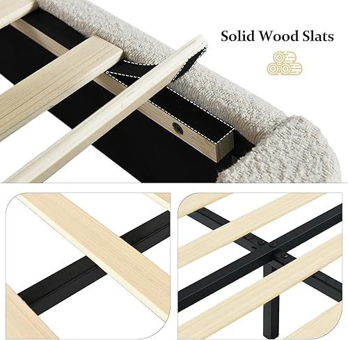 Miniatura 7 de Base de cama tamaño matrimonial con cabecero, plataforma tapizada de 56 pulgadas con ribete de cabeza de clavos, tela suave de bucle, no necesita