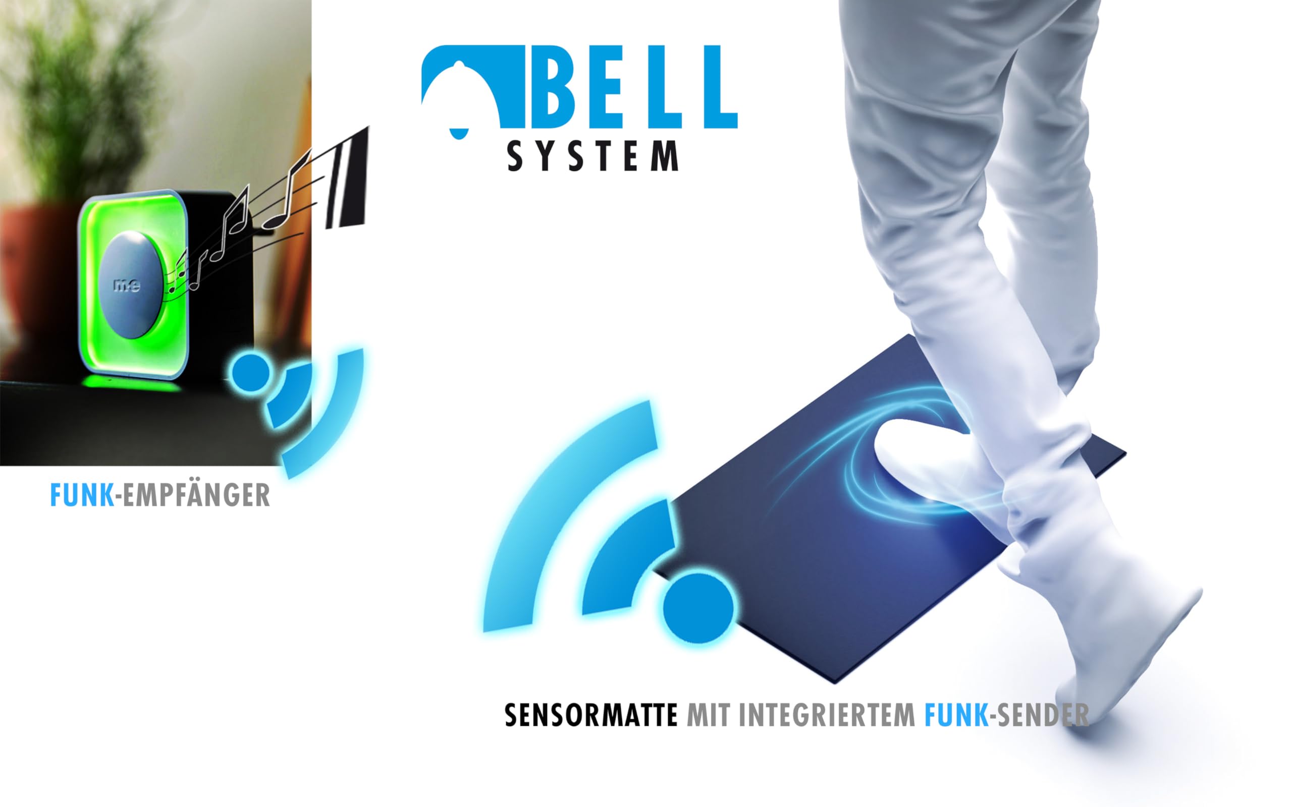 m-e Funk-Sensormatte Mobiles Sicherheits- & Komfort-System sowie Pflegehilfe für zu Hause (Funk-Sensormatte + Mobile Klingel)