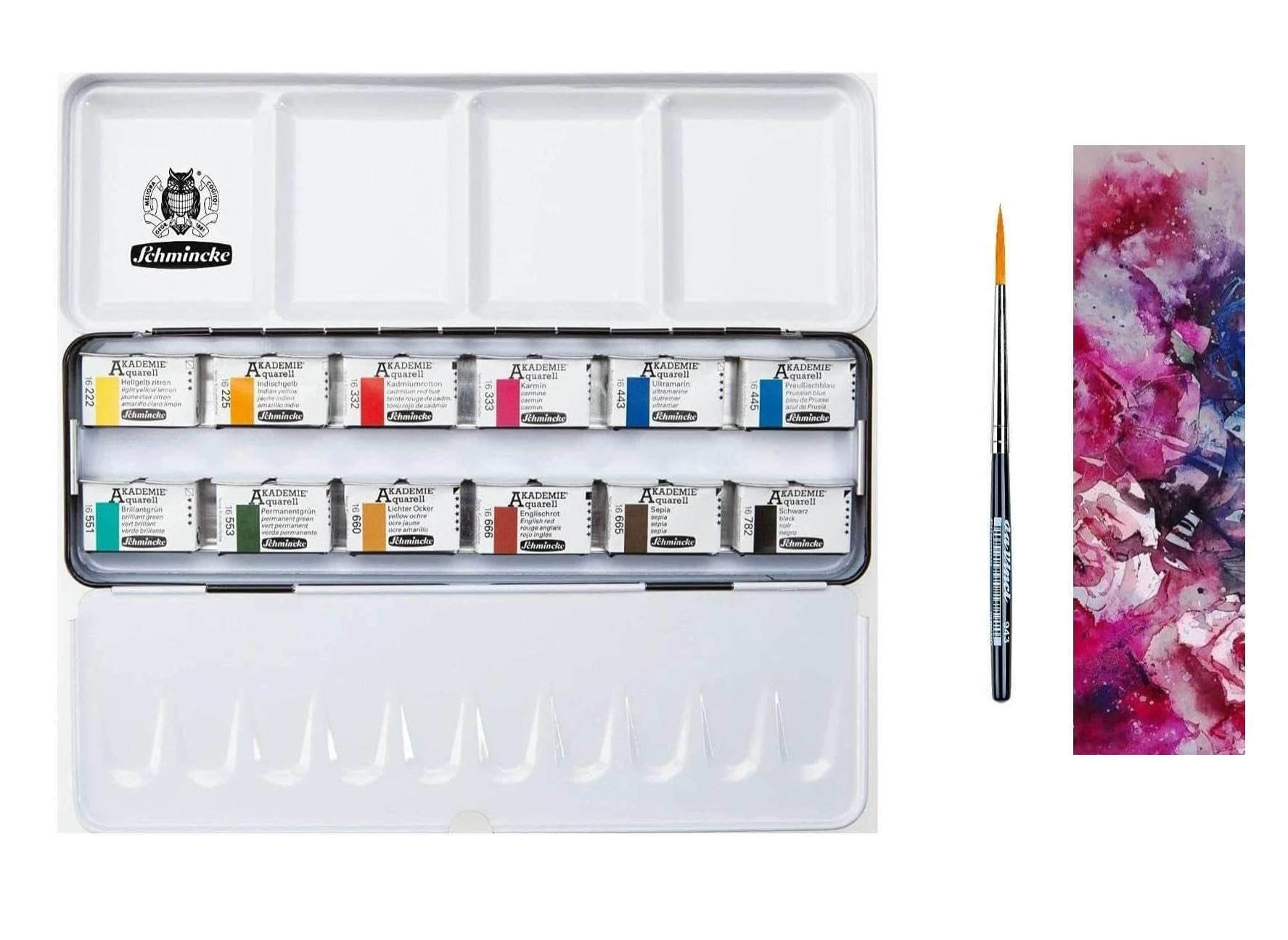 Schmincke Akademie Aquarellfarben 12 ganze Näpfchen im Metallkasten mit Synthetics Pinsel Reise