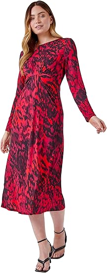 Roman Originals Animal Knot Waist Midi Dress for Women UK - Ladies Autumn Everyday Winter Holiday Pull-On Round Neckline Long Sleeves Comfy Soft Vacation Work