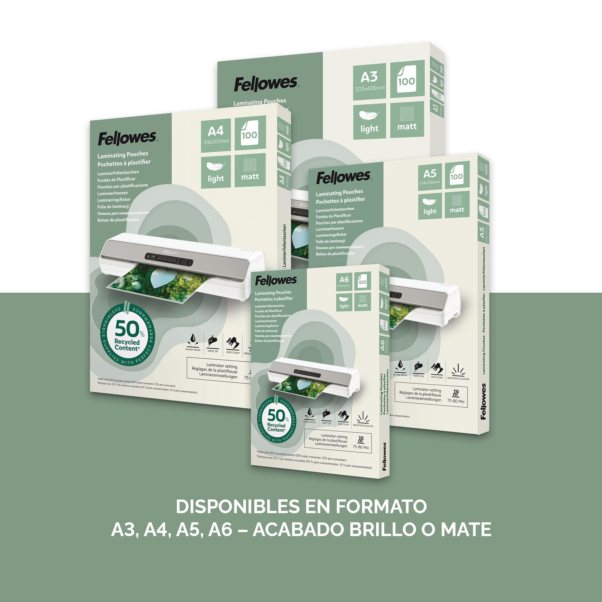 Fellowes Fundas plastificar A3, pack de 100, acabado mate, uso ocasional 75/80 micras, 50% contenido reciclado, fundas plastificar para profesores y oficinas