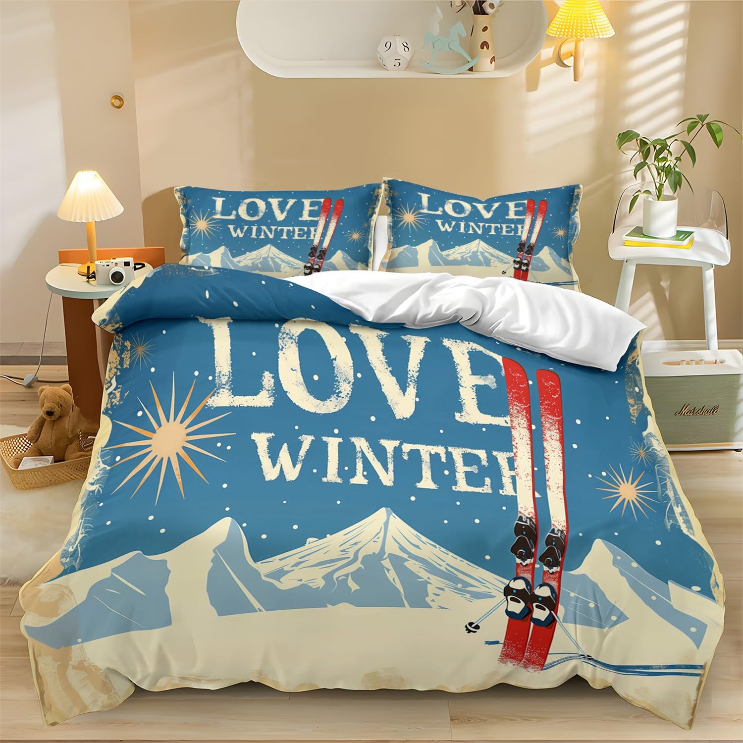 Zimowe zestawy poszewek na kołdrę snowboardową super king zestaw pościeli 260 x 220 cm kolor 3 sztuki (1 poszewka na kołdrę + 2 poszewki na poduszki) pościel z nadrukiem poszewka na kołdrę z zamkiem
