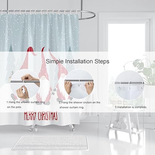 Miniatura 4 de Cortina de ducha de Navidad para baño, juego de cortina de ducha de gnomo de Feliz Navidad, decoración de baño, tela impermeable con 12 ganchos, 72
