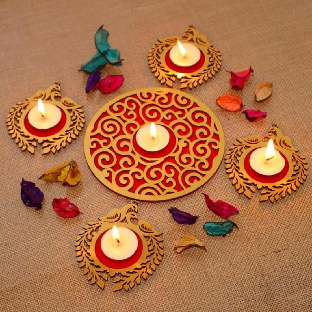 Wooden Peacock Rangoli Set with Tealights, Diwali Festival Decorative Reusable Rangoli, Home Decor Items for Diwali, Corporate/Return Gift Item (Peacock)