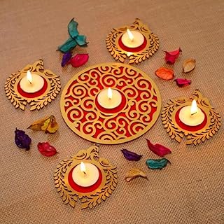 Sanvatsar Wooden Peacock Rangoli Set with Tealights, Diwali Festival Decorative Reusable Rangoli, Home Decor Items for Diw Price In India