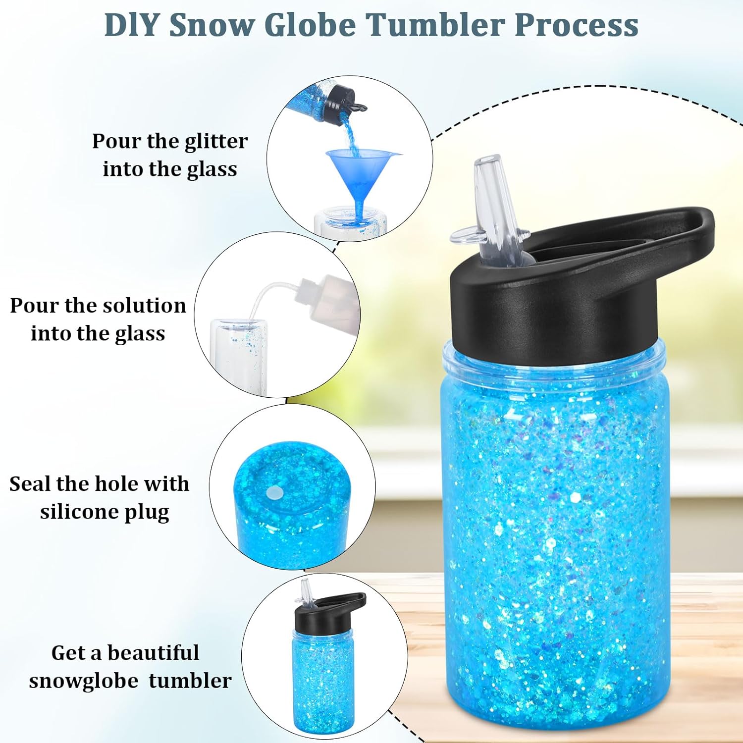 4 Pack 10 Oz Plastic Double Wall Snow Globe Tumbler, Snowglobe Tumbler with Pre Drilled Hole and Plug, Snow Globe Cups Kid Water Bottle DIY Gift for Scool, Sport - Image 4