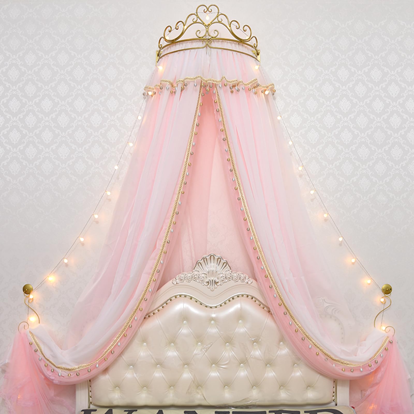 GJMSSMY Princess Bed Canopy Curtains Lace Metal Crown Bed Tent From Ceiling, Hanging Mosquito Net Canopy for King Size Beds, Palace Dome Canopy for Bedroom