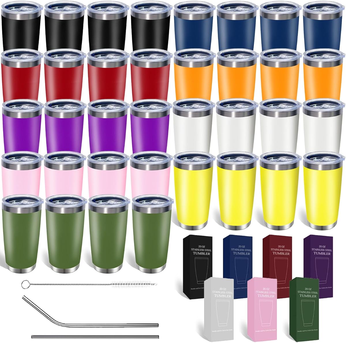 36 Pack, 20oz Stainless Steel Bulk Tumblers with Lids and Straws, Leakproof Double Wall Travel Mug for Hot/Cold Drinks, Home Office Outdoor Party, Durable Powder Coated Insulated Cup/Mix Color