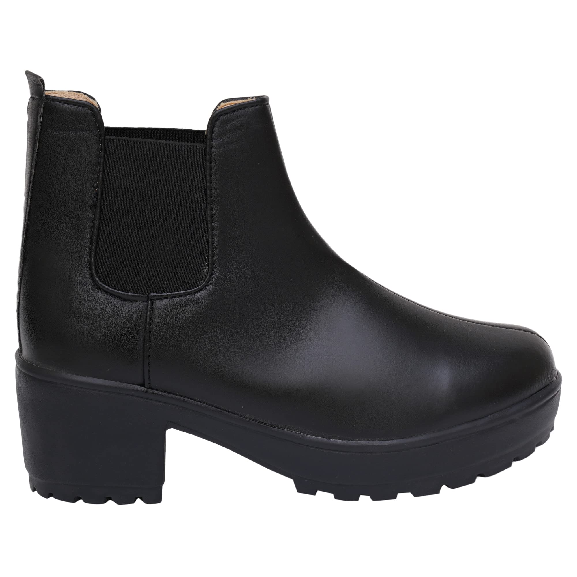XE Looks 100% Vegan Leather Women's Black Ankle Boots | Comfortable Slip-On Design with Block Heel | Durable Leather Upper & Elastic Sides Boots For Girls & Women 3