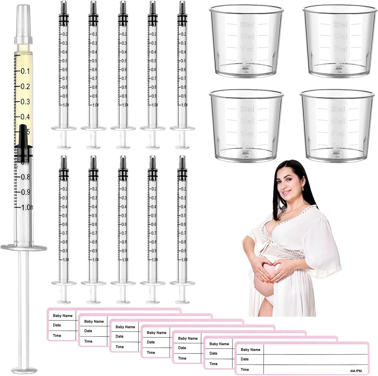 Augenstern 50 Pcs Colostrum Collector Kit 1ml Breast Milk Collector Milk Catcher with 4 Measuring Cup and 54 Stickers Colostrum Collection Gift Set Colostrum Harvesting Kit for Breastfeeding