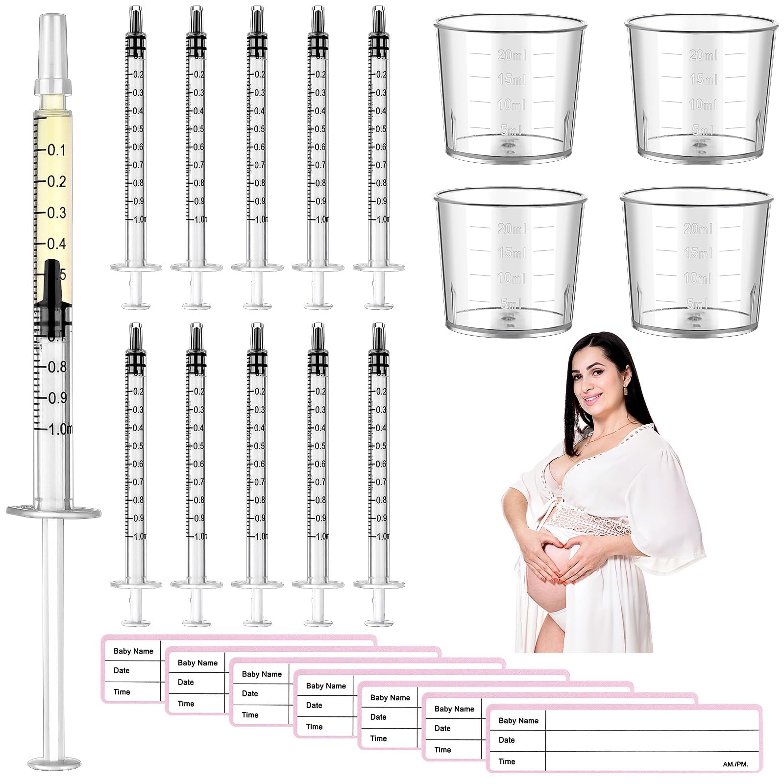 Kolostrum-Sammelset, 50-teilig, 1 ml, Muttermilchsammler, Milchfänger mit 4 Messbechern und 54 Aufklebern, Colostrum-Kollektion, Geschenkset, Kolostrum-Ernte-Set zum Stillen