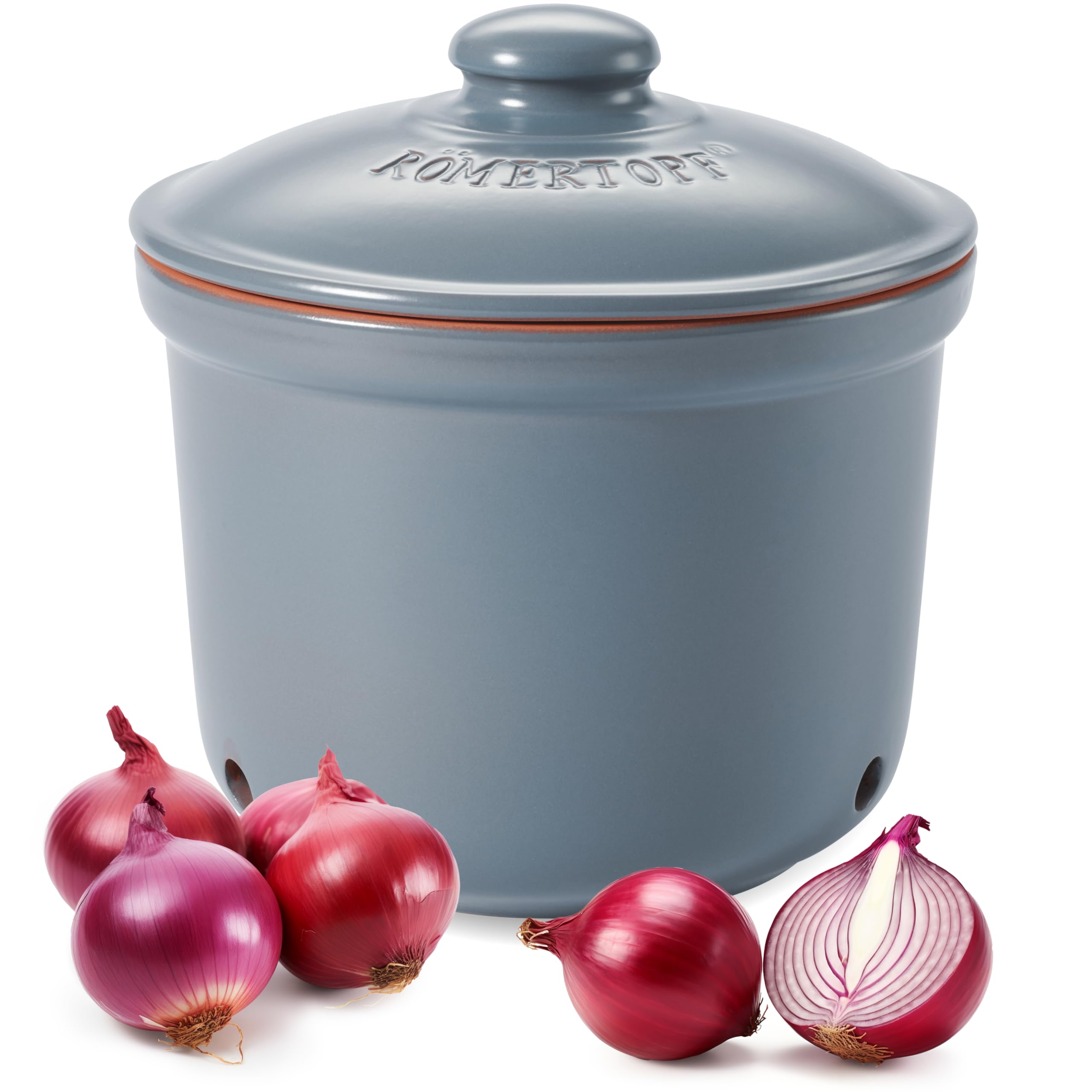 Römertopf MAXI – Olla de cerámica para cebollas y verduras, 2,8 L, transpirable y ventilada, base esmaltada, apta para lavavajillas, gris y azul
