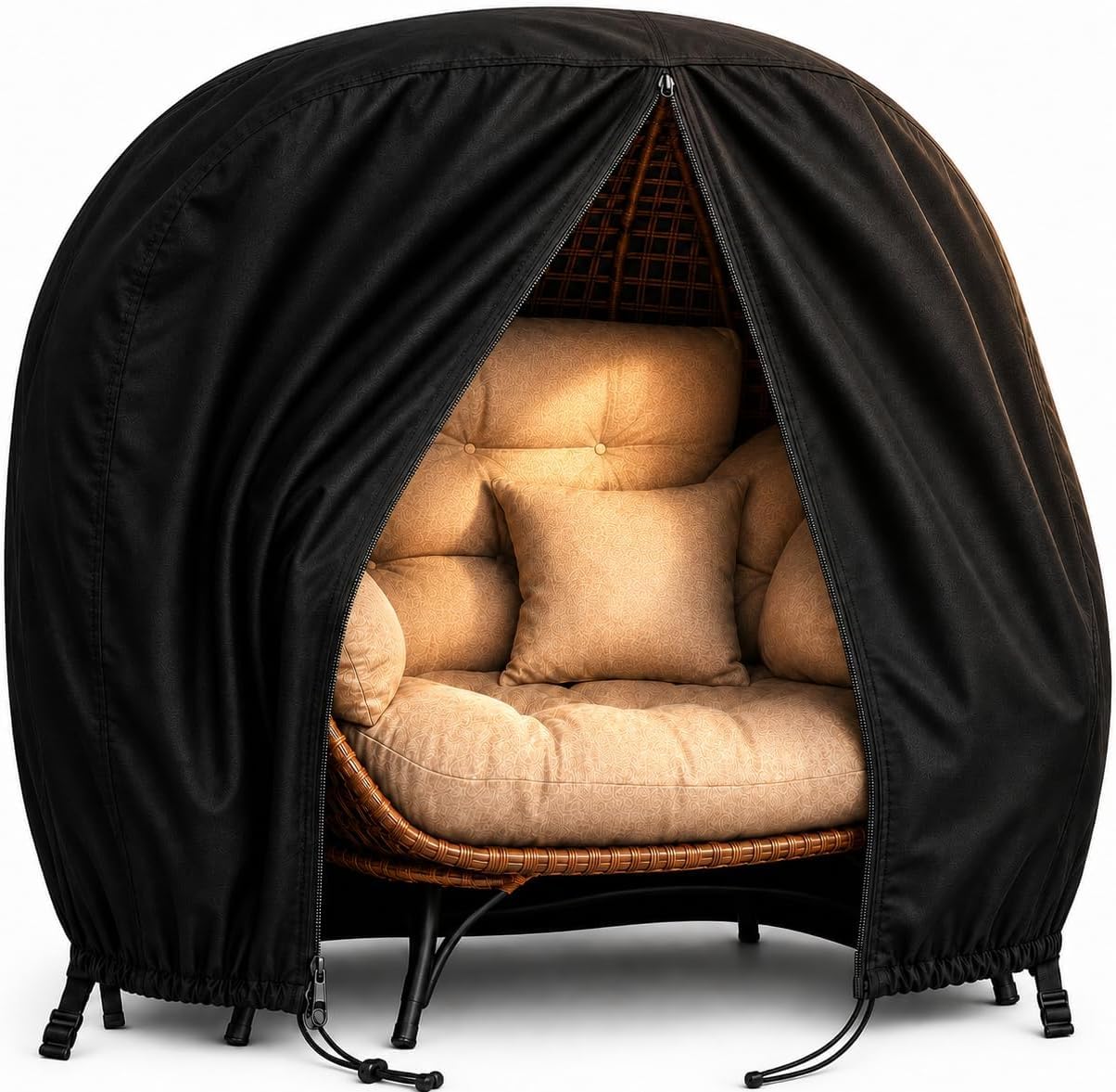 wide smile Funda para silla de doble huevo, impermeable, resistente, jardín, mimbre, patio, 2 asientos, grande, tela Oxford 420D, con cremallera y cordón, 230 x 200 cm, color negro