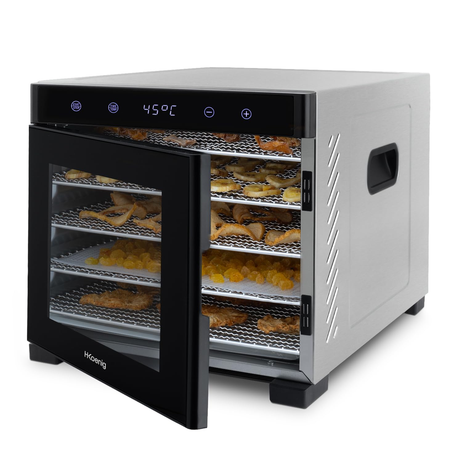 H.Koenig Déshydrateur Alimentaire de nourriture DSY900, pour Fruits, Légumes, Herbes, 6 Plateaux à Séchage amovibles, Thermostat variable de 35° à 75°C, Minuterie jusqu'à 48H, Ecran LCD tactile, 650 W