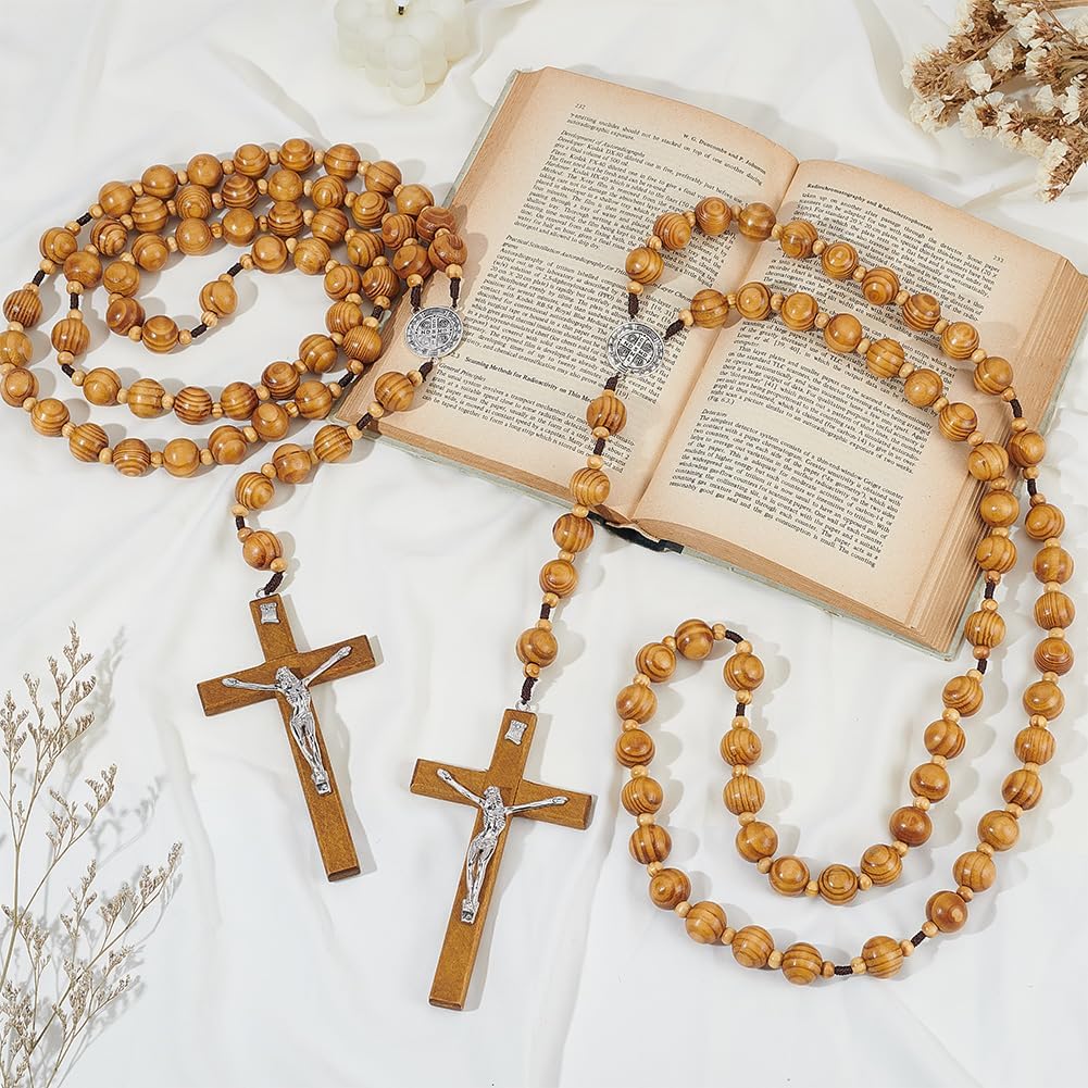 ORIGACH 2 Pcs 43 Inch Large Wooden Crucifix Wall Cross, Rosary Catholic Big Prayer Bead with Miraculous Medal Cross Crucifix Catholic Gift for Church House Decor, Round