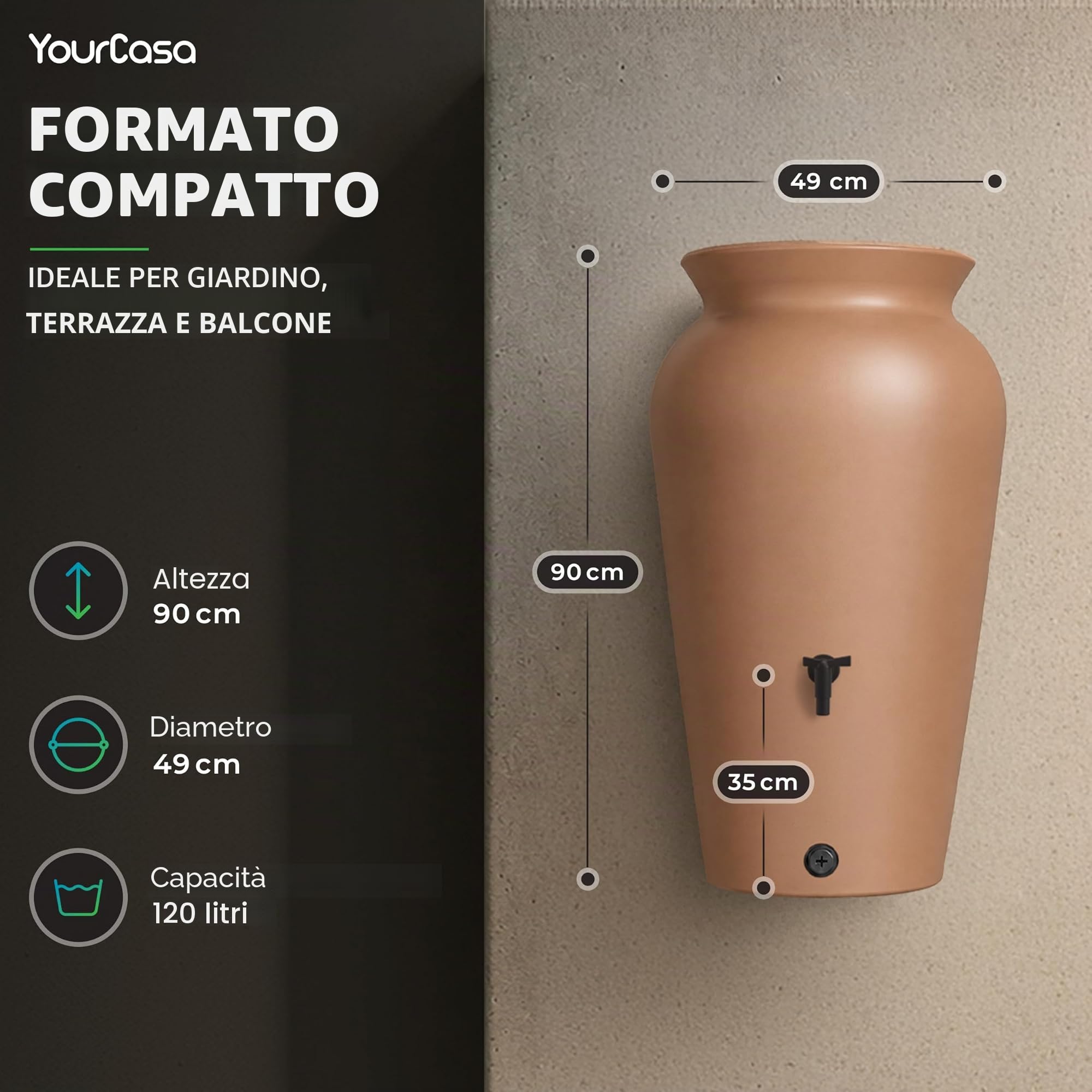 YourCasa Serbatoio Acqua Piovana 120 L, con Rubinetto e Filtro | Raccoglitore acqua piovana decorativo a forma di anfora, in plastica riciclata resistente UV, per giardino e terrazza