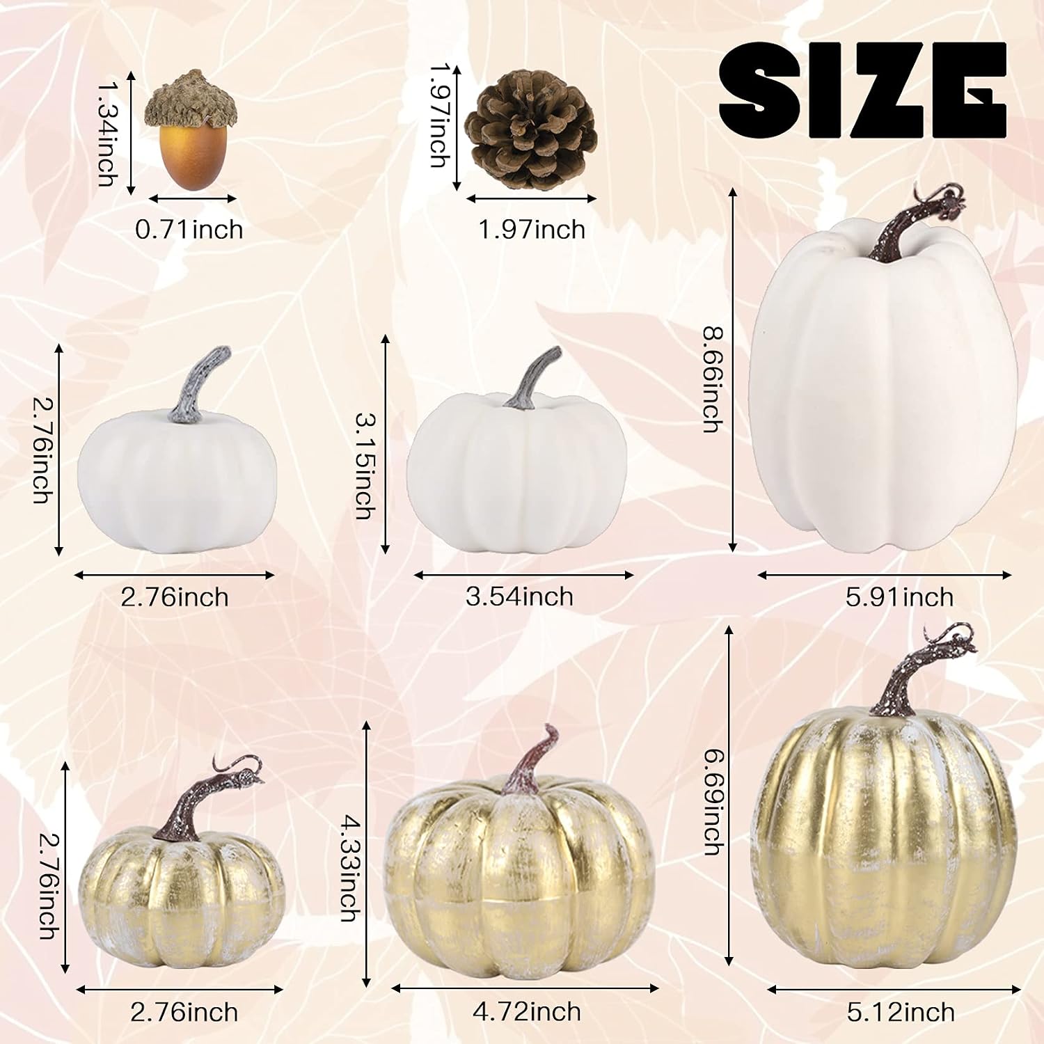 12 Pcs Artificial Pumpkins Decor Bulk Fake White Gold Pumpkins with Acorns Pinecones for Halloween Thanksgiving Table Harvest Fall Decorations