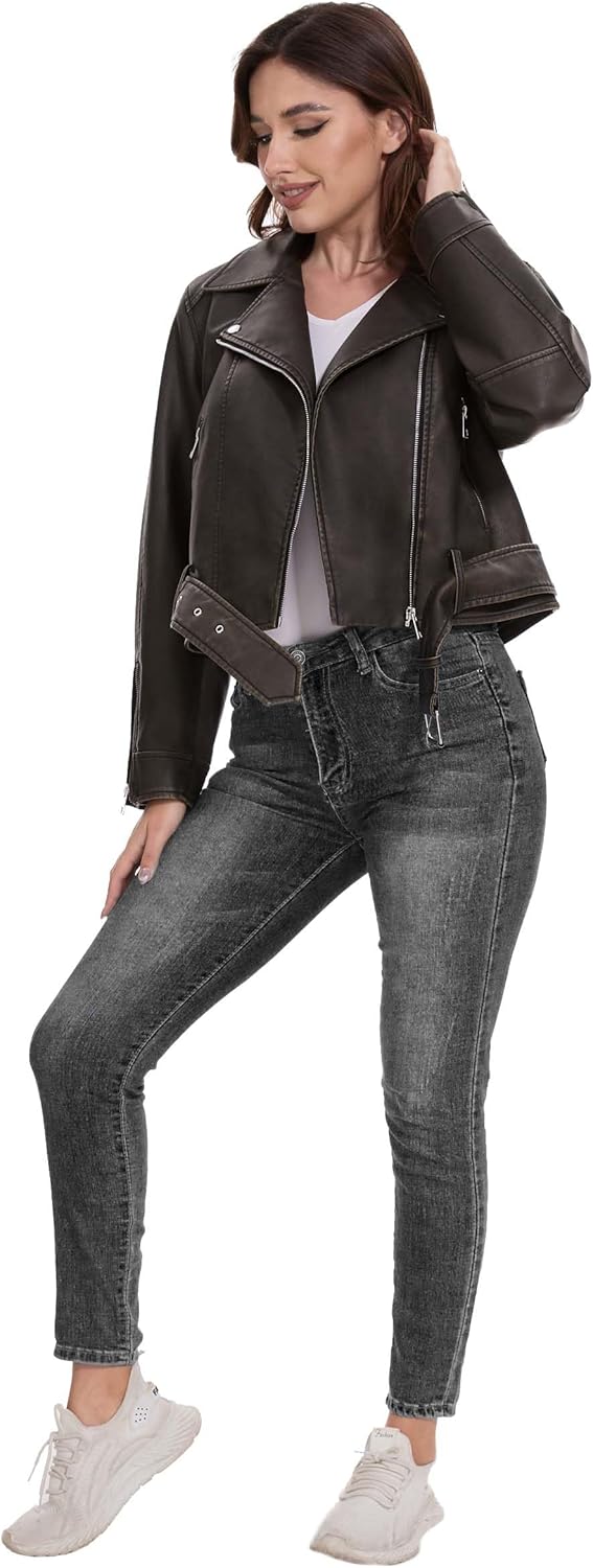 Fahsyee Faux Leather Jackets for Women, Black Motorcycle Moto Biker PU Outwear Coat - Image 4