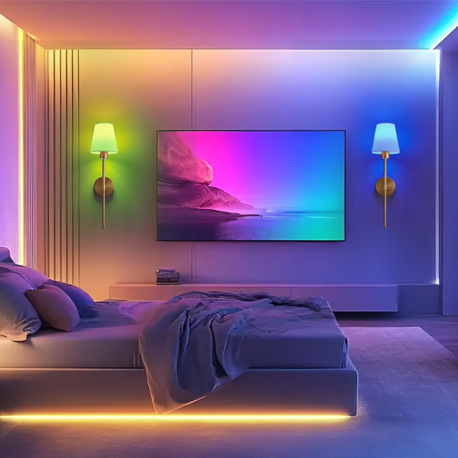 Battery Operated Wall Sconce Set of 2, Gold Rechargeable Wireless Wall Lights with Remote - 5000mAh Dimmable RGB Bulbs | 15 Color, Cordless Wall Lamps for Bedroom, Living Room, Hallway Decor